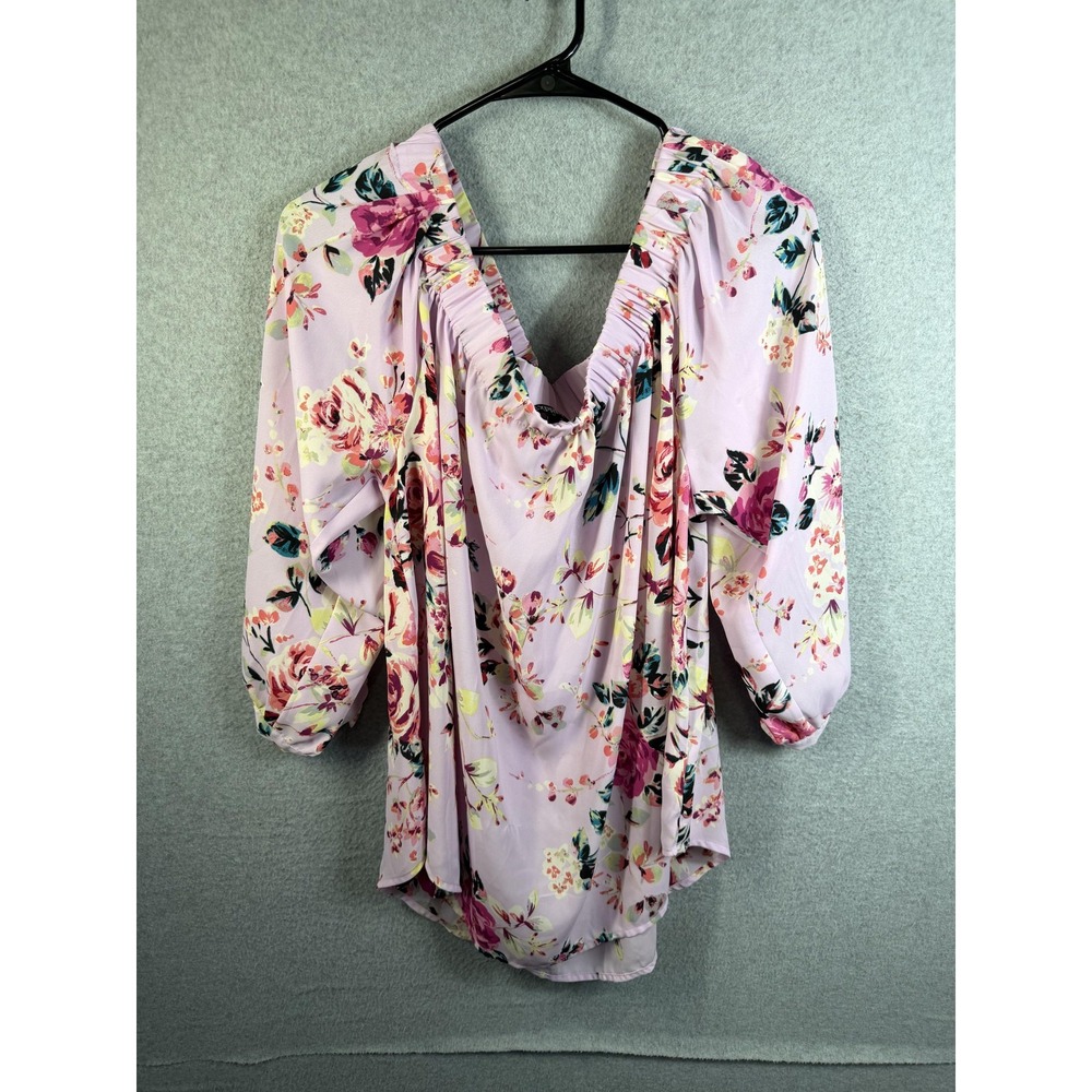 Express Blouse Womens XL Pink Floral Cowl Neck Balloon Sleeve Tunic Top
